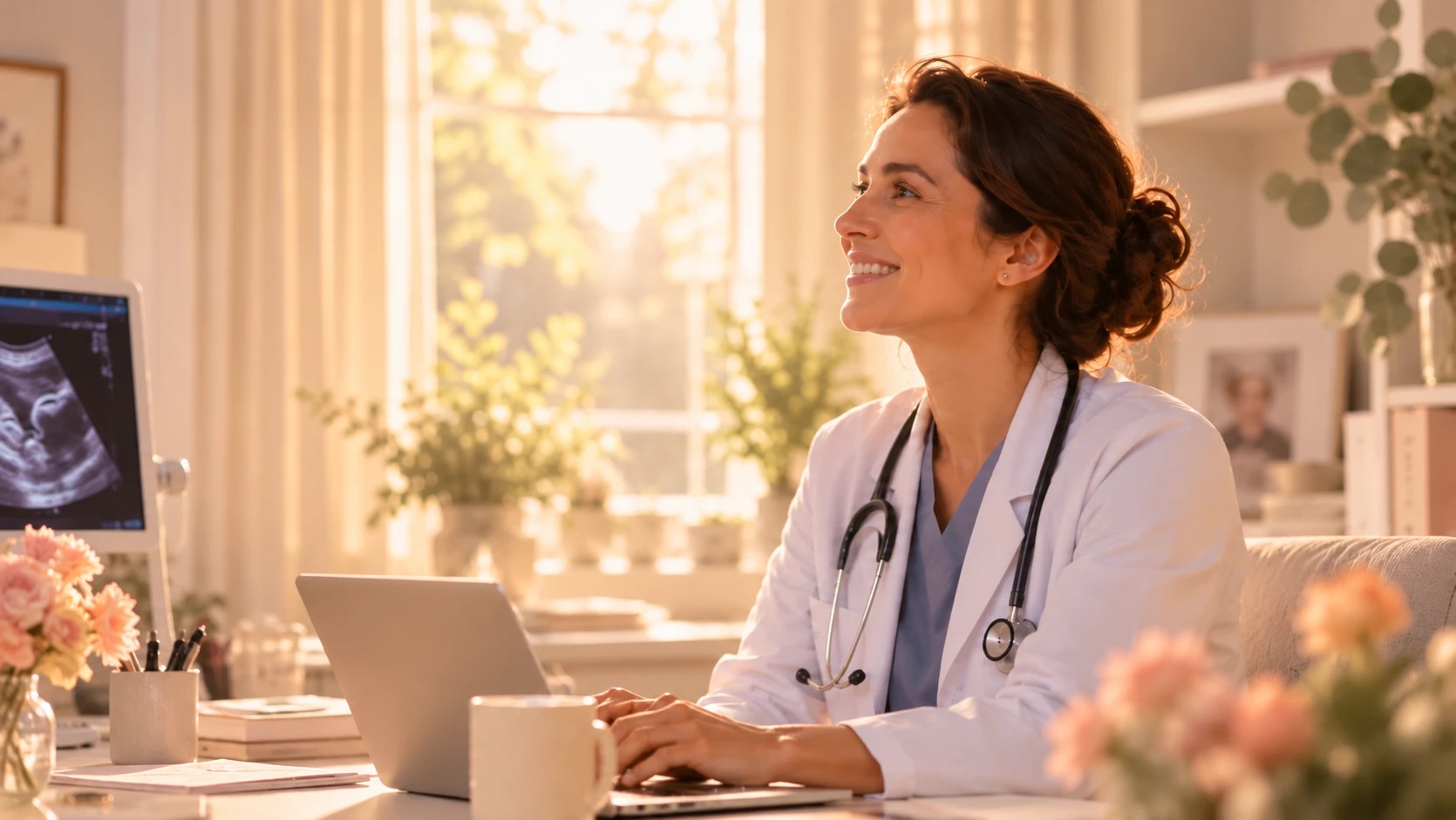 Médica sonriente trabajando en su consultorio