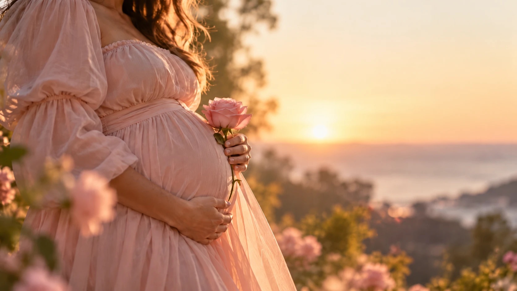 Mujer embarazada con vestido rosa sostiene una rosa junto a su vientre al atardecer